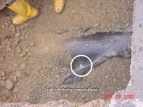 Leak detection defect discovered in imported pipe