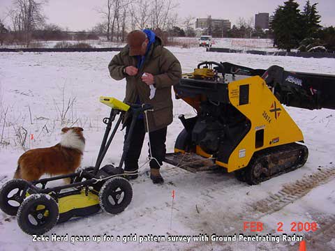 Zeke Herd gears up for a grid pattern survey with GPR ground penetrating radar